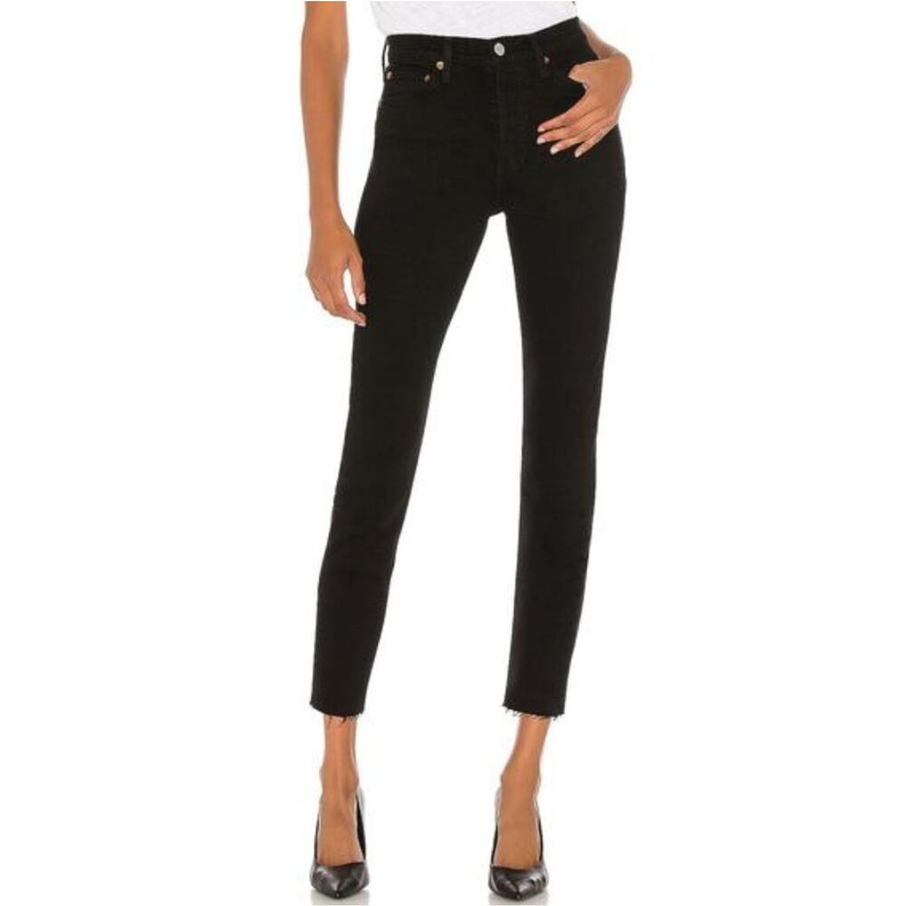 Re/Done High Rise Ankle Cropped Stretch Jeans Black Raw Hem